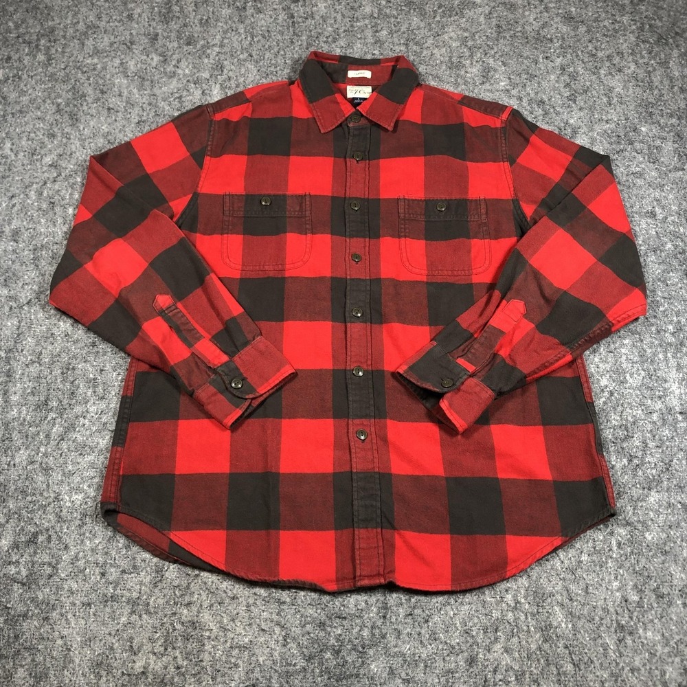 J.Crew Flannel Shirt Mens‎ Large Red Brown Plaid Button Down Cotton